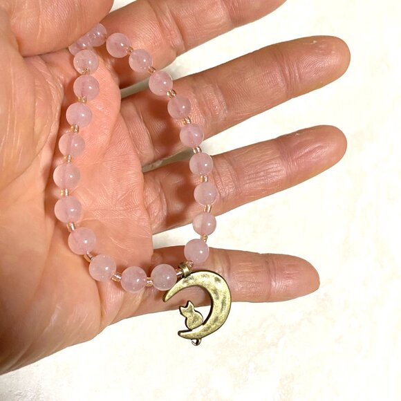 Pink Genuine Gemstone Rose Quartz Bronze Cat on the Moon Beaded Short Necklace - Picture 11 of 11